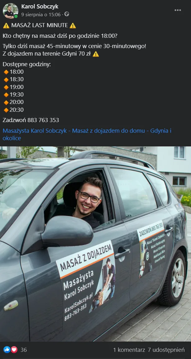 Post na Facebooku „Masaż last minute” z wolnymi godzinami i samochodem oklejonym reklamą masażu