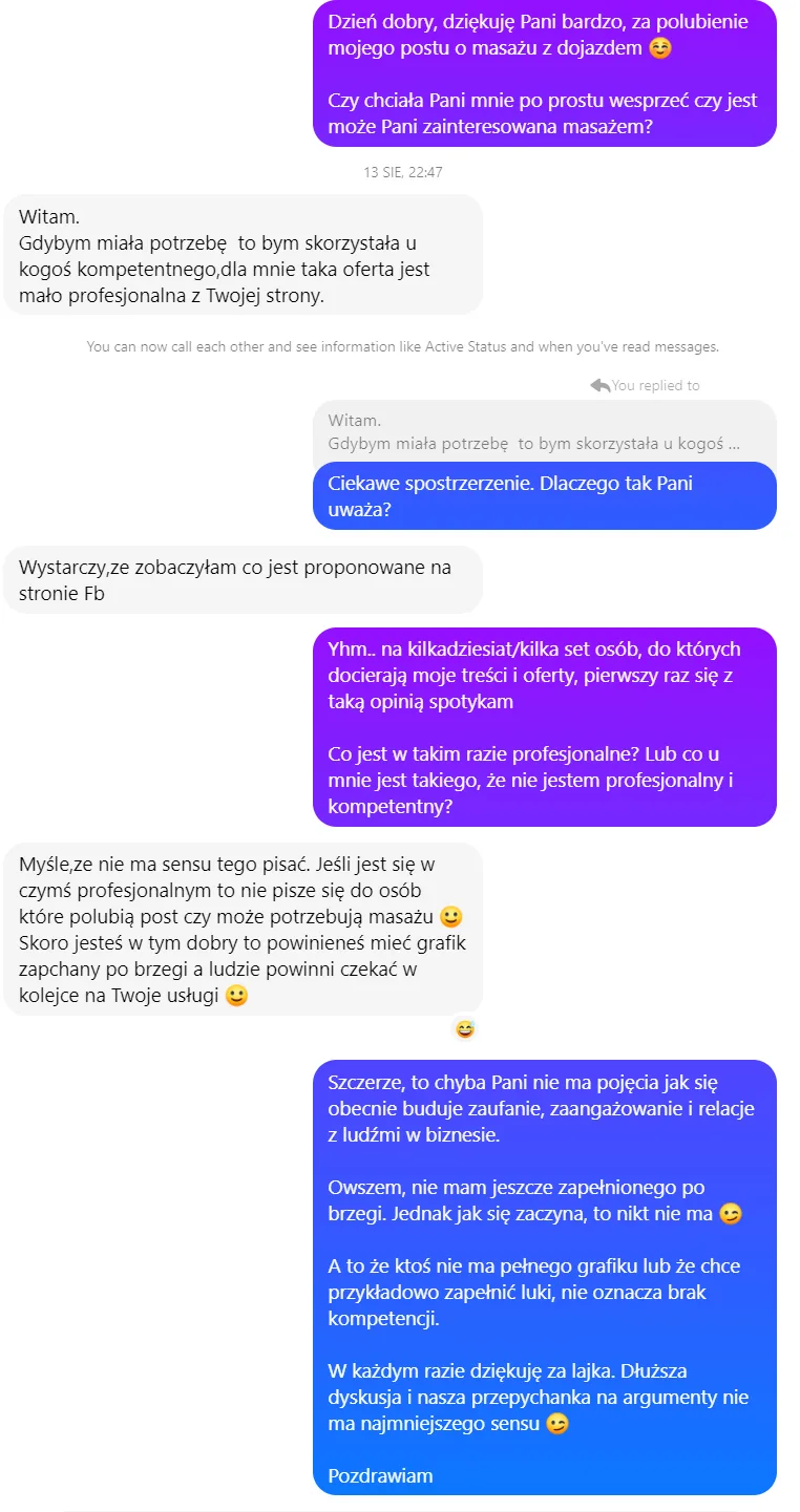 Rozmowa na Messengerze z osobą krytykującą ofertę masażu z dojazdem po polubieniu posta