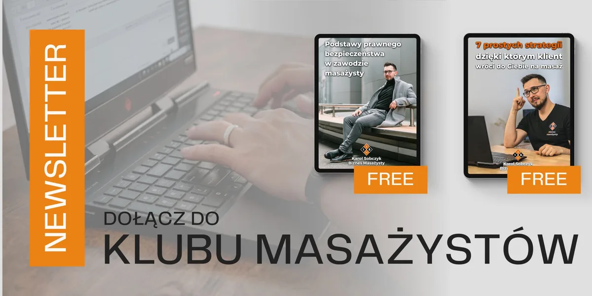 Baner newslettera „Dołącz do Klubu Masażystów” z dwoma darmowymi e-bookami dla masażystów