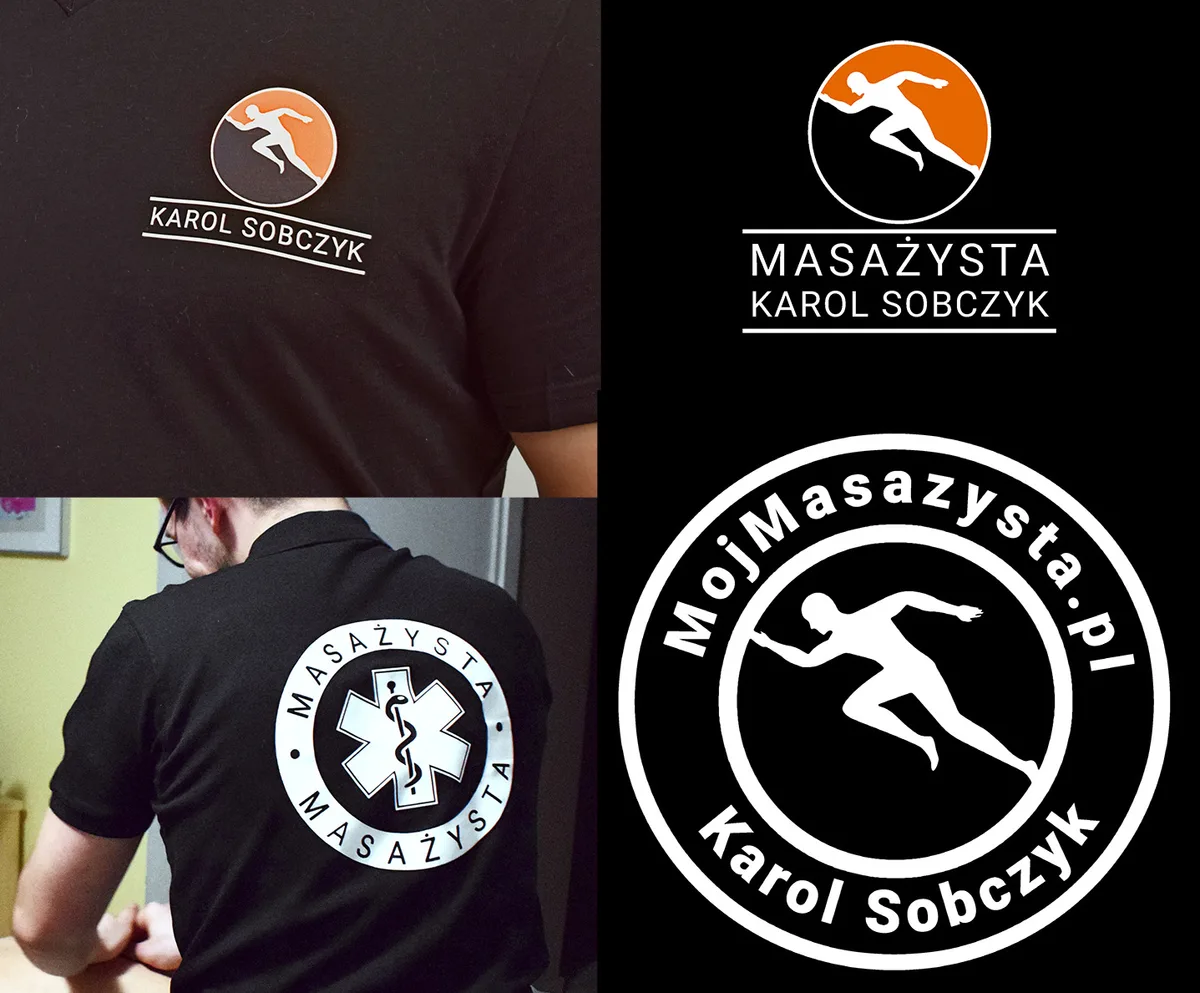 Logo Masażysta Karol Sobczyk na koszulkach polo i przykłady nadruków firmowych